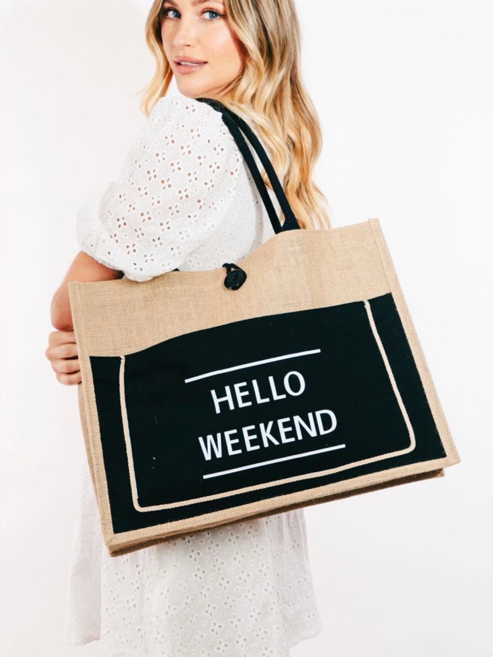 Hello Weekend Jute Tote Bag in Black and Natural